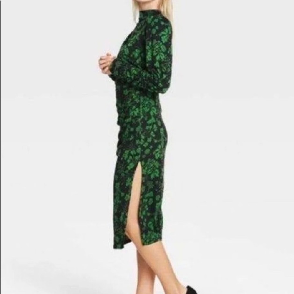 Who What Wear Green Black Floral Print Women's Puff Long Sleeve Dress NWT